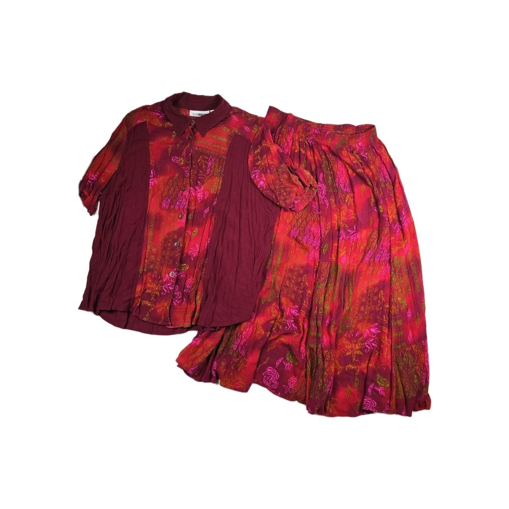 CM‎ Shapes Women's Size 1X Maxi Skirt Blouse Set Red Pink Floral Vintage